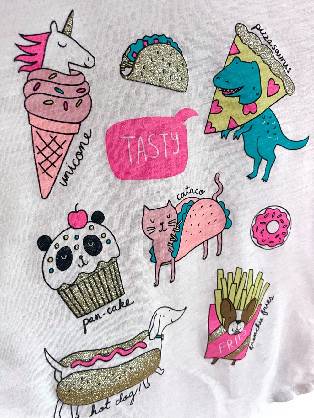 $5 💥Glitter Unicorn Cat Taco Dinosaur Funny Food Graphic Tee, Short Sleeves